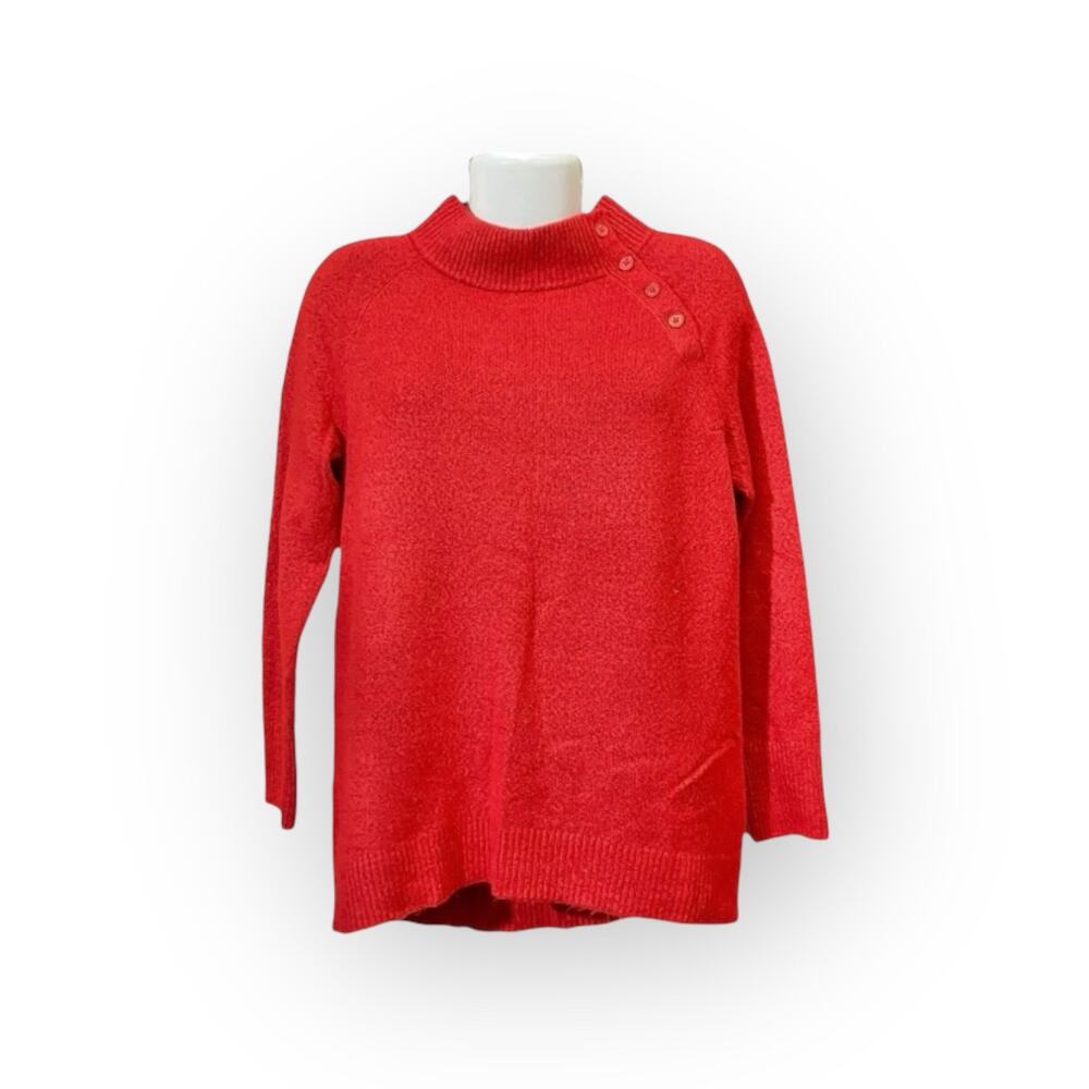 Talbots Women's Red Black Speckles High Neck Button Detail Long Slv Sweater SZ S